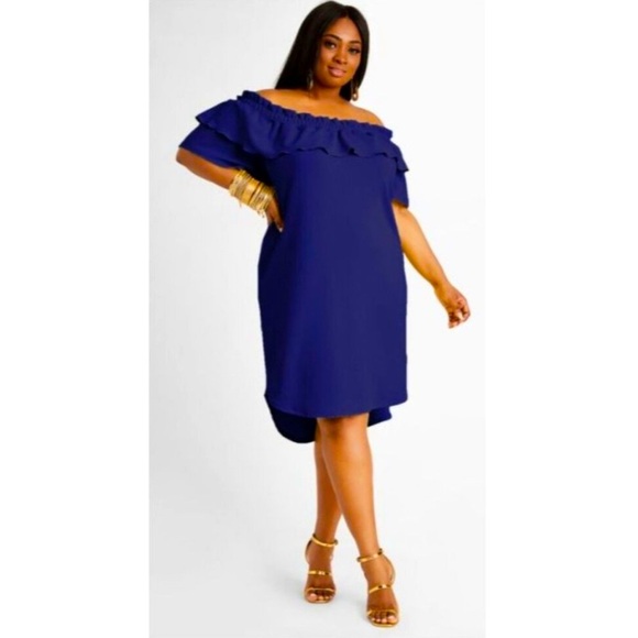 *Ashley Stewart Off-Shoulder Ruffle Dress Peacoat Blue 22/24 New With Tags - Picture 1 of 7